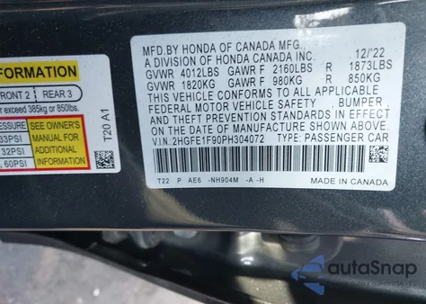 2023 Honda Civic Touring z USA, uszkodzony, nr VIN 2HGFE1F90PH304072